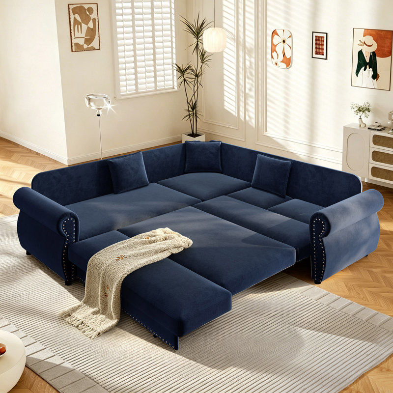 Pull-Out Sofa Bed Sectional,Chenille Modular Sleeper Sectional L Shaped Couch Sofa Bed, Blue