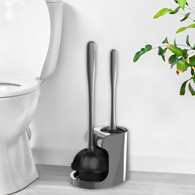 Ensemble de brosse de toilette et de piston 2 en 1 - Brosse de toilette avec poignée solide, support et support pour un nettoyage en profondeur dans les salles de bain - Ensemble de brosse de toilette et support en plastique gris