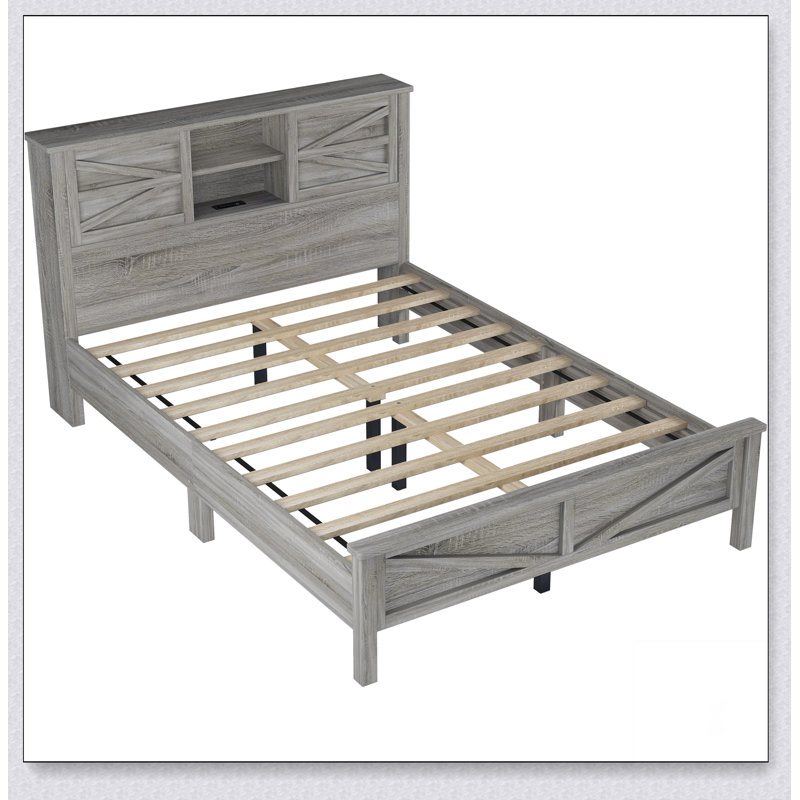 Lit plateforme avec porte de grange coulissante double, lit en bois avec station de charge, Gris antique, Grand