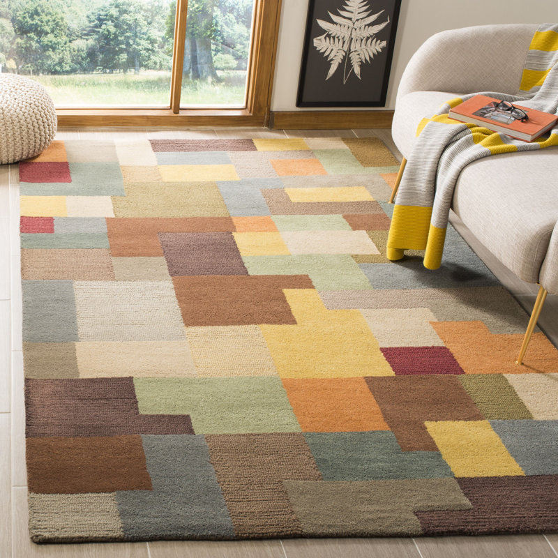Tapis bleu / brun / beige en laine touffeté à la main Amier, Rectangle de 5 pi x 8 pi