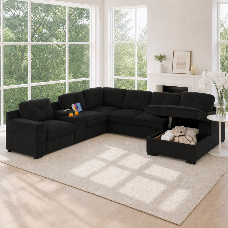 Canapé modulaire 119,5 po Chenille avec console et rangement intégrés, Black Chenille