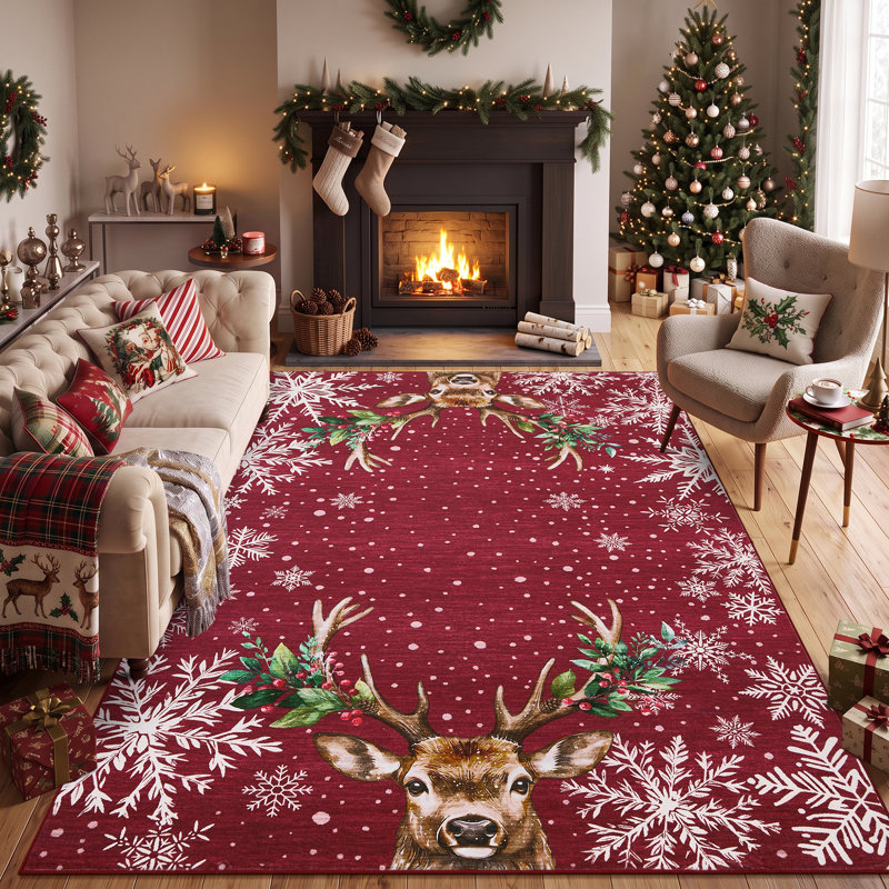 Tapis de Noël à motifs de rennes et de flocons de neige, antidérapant, antitache, lavable à la machine, pliable, idéal pour la décoration intérieure des fêtes de fin d'année.