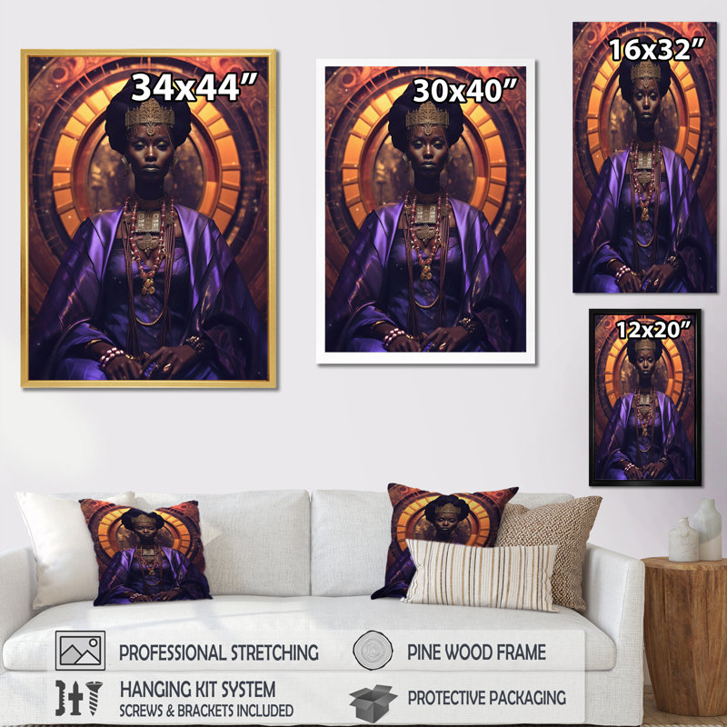 Gracieuse reine d'Afrique en mauve sur toile, H 40 po x l 30 po x P 1,5 po, Cadre doré à une seule photo
