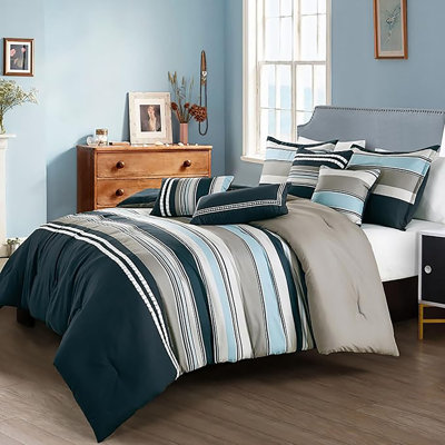 7 Piece Navy Striped Comforter Set Embroidery Soft Bedding