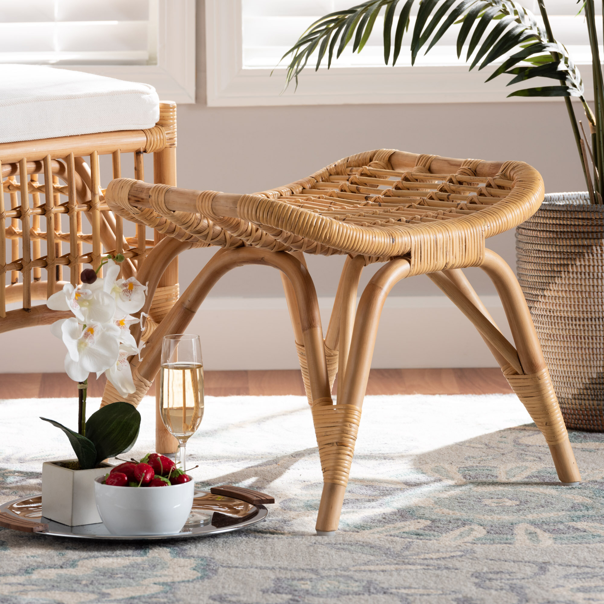 Krit Ottoman Rattan Wicker Rectangular Stool Pouf with Basket w