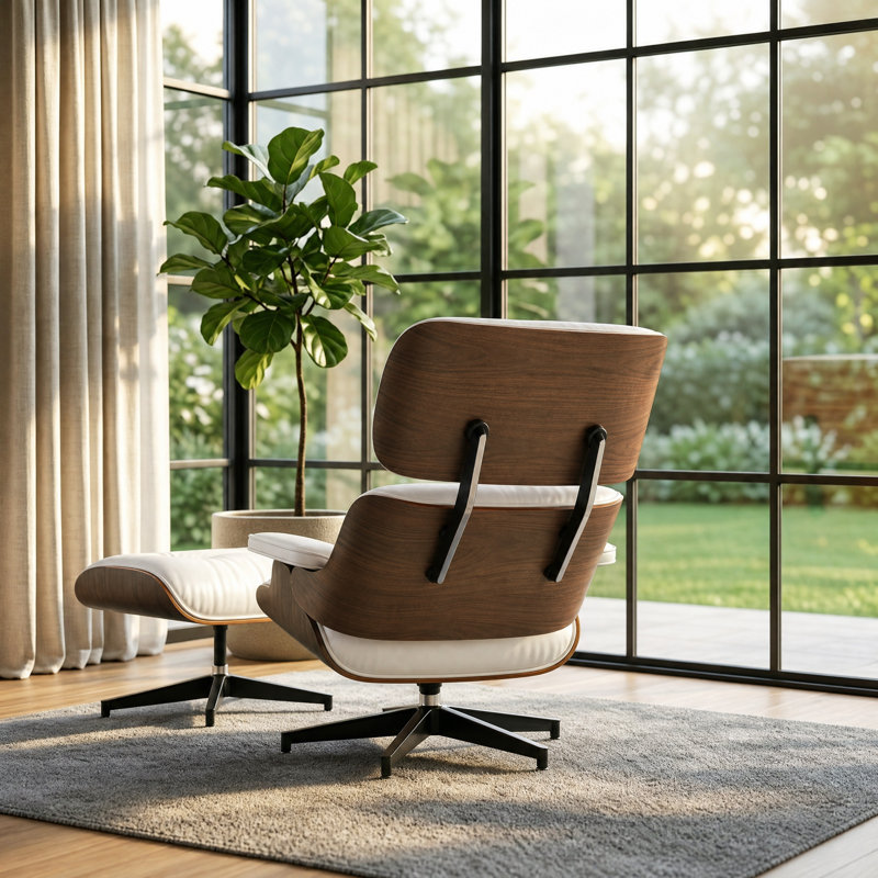 Swivel Lounge Chair With Ottoman, White/Brown Wood