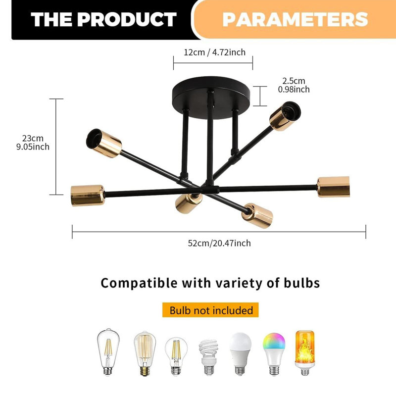 Semi Flush Mount, Black&gold, not included