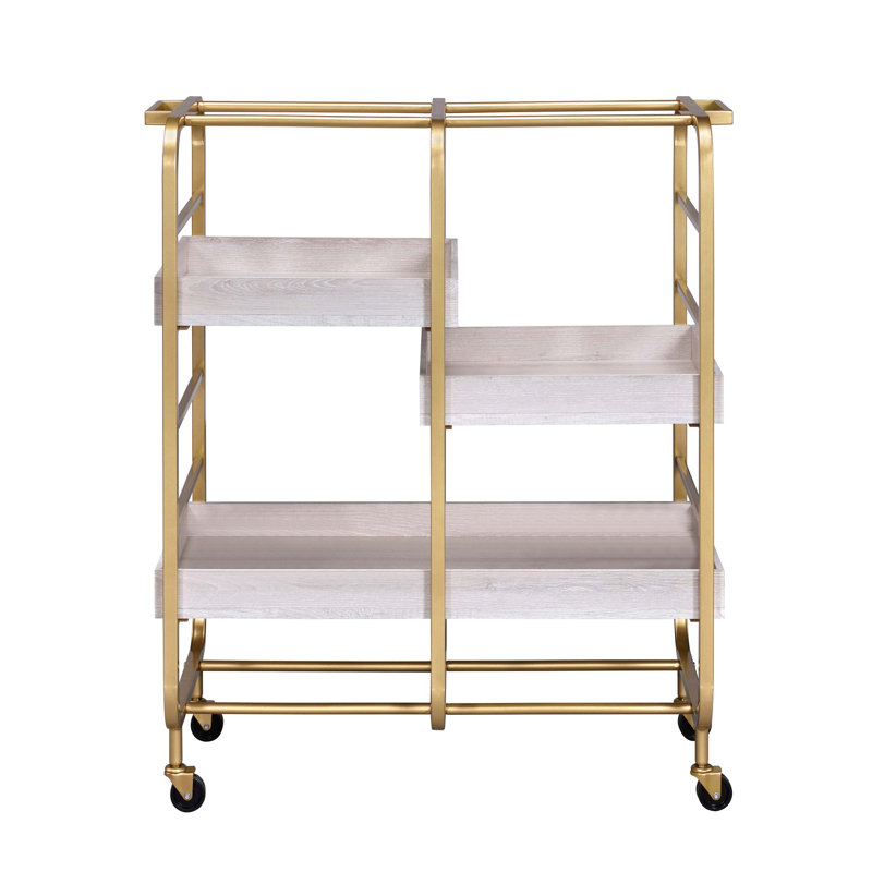 Modern Gold And White Dining Cart With 3 Adjustable Trays - Metal Frame Serving For Trays, Progress, Gold/White