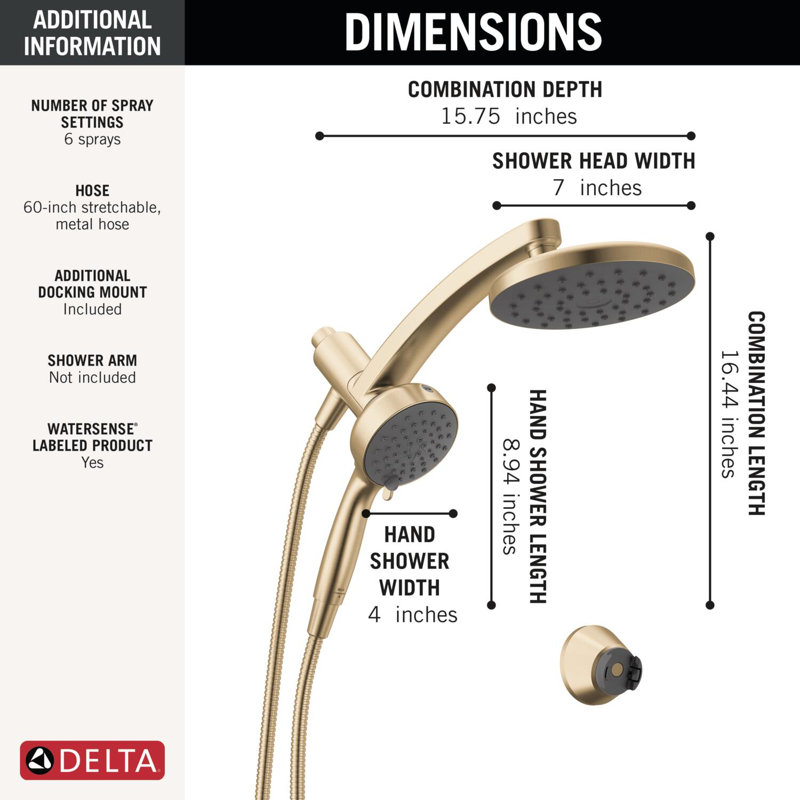 6-Setting PivotPro 3-in-1 Combination Shower Head with Hight Pressure ProClean Spray Brushed Gold, Champagne Bronze