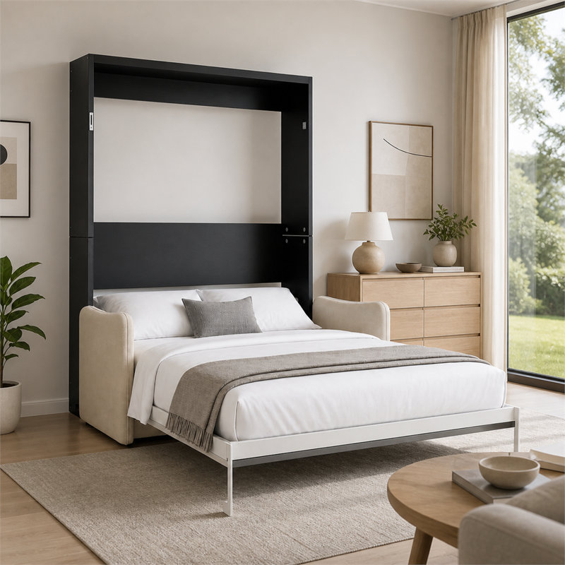 Structure grise, armoire noire, canapé beige, grand lit escamotable Murphy. Rembourrage hydraulique, pliage multifonctionnel, canapé-lit invisible.