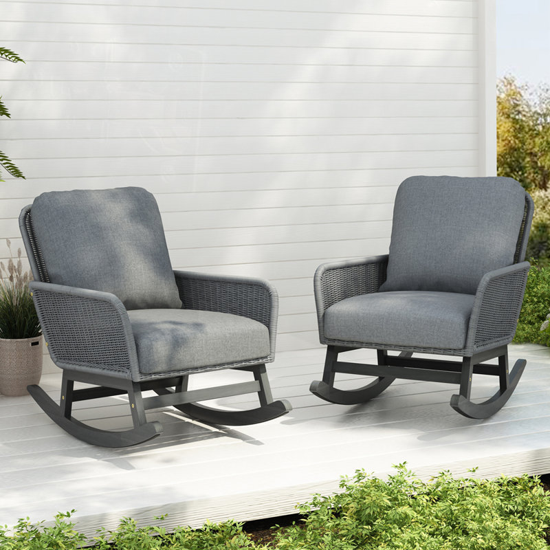 Ensemble de 2 chaises berçantes avec coussins moelleux et structure en bois pour espaces intérieurs et extérieurs