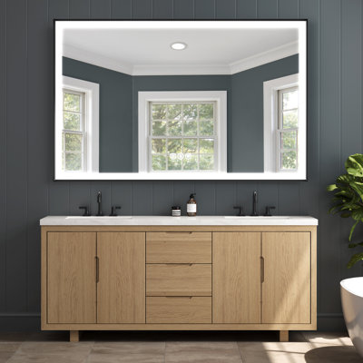 Beveled Black Brushed Framed LED Lighted Bathroom Mirror, Anti-Fog, Tempered Glass, Touch Sensor, 3 Colors, Dimer, Front Light