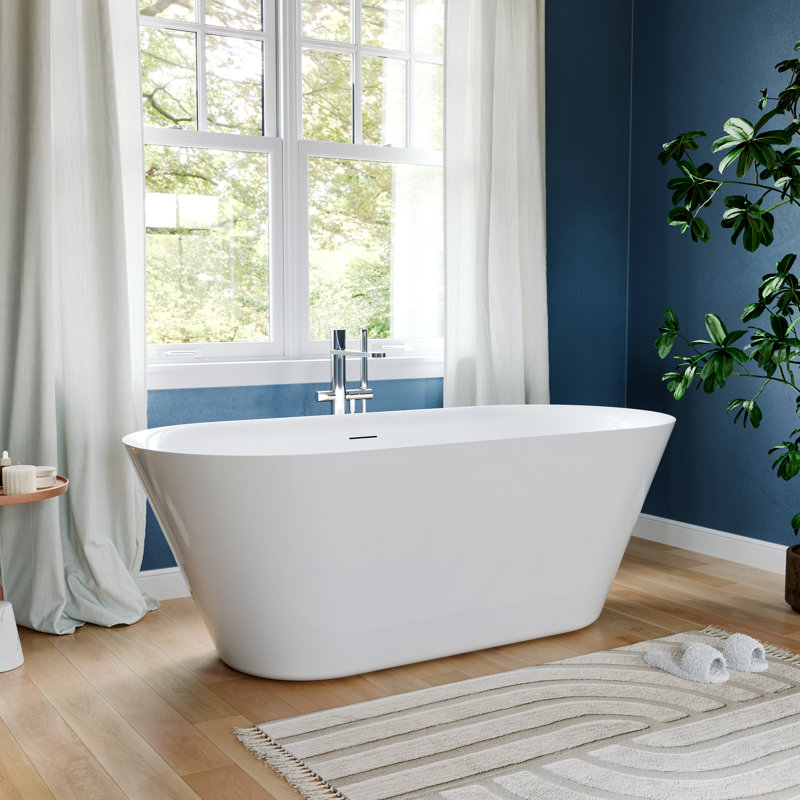66" Modern Acrylic Freestanding Bathtub - Glossy White Soaking Tub with Pre-Drilled Drain and Overflow