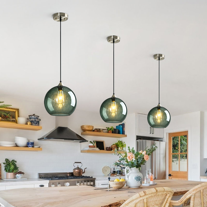 Luminaire suspendu en forme de globe à 3 lumières Charolyn Luminaire suspendu en verre pour îlot de cuisine, Gris / vert