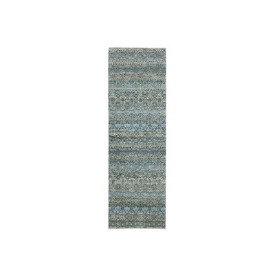 2'6"x8' Blue Hand Knotted Kohinoor Herrita Diamond Shape Wool Runner Rug 1F04A2124EDE4EF4A91B21B2CAB4D1E8