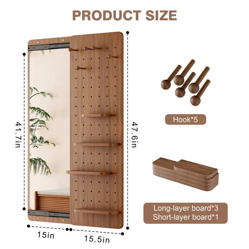Wall Mounted Full Length Mirror, Full Body Mirror with Shelf, Full Body Mirror with Hook Wall Mounted Mirror with Multifunctional Design Panel, Bedroom/Living Room/Entrance Walnut (47.6*15.7in)