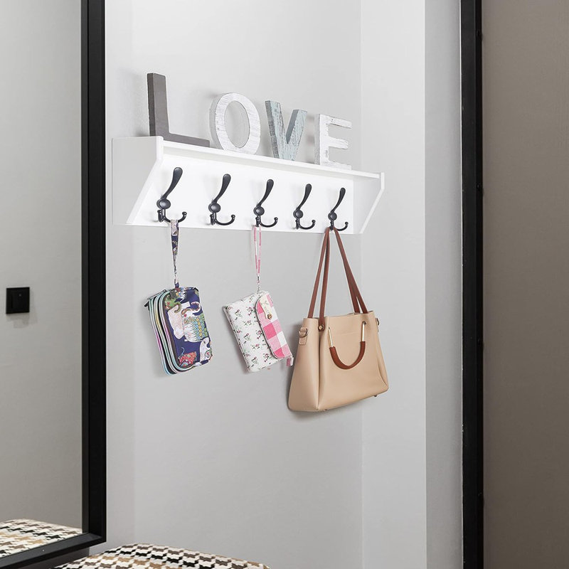 Tablette murale avec crochets - Portemanteau blanc de 24 po, 5 crochets triples pour la salle de bain, l'entrée et le vestibule