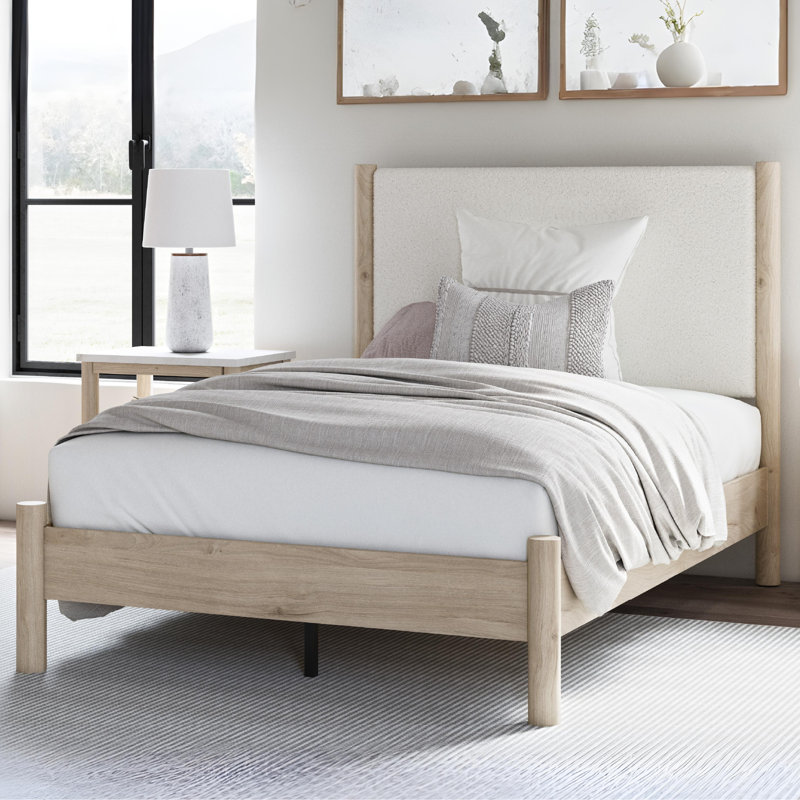 Lit à panneau tapissier Cadmori, Beige / Blanc, Double