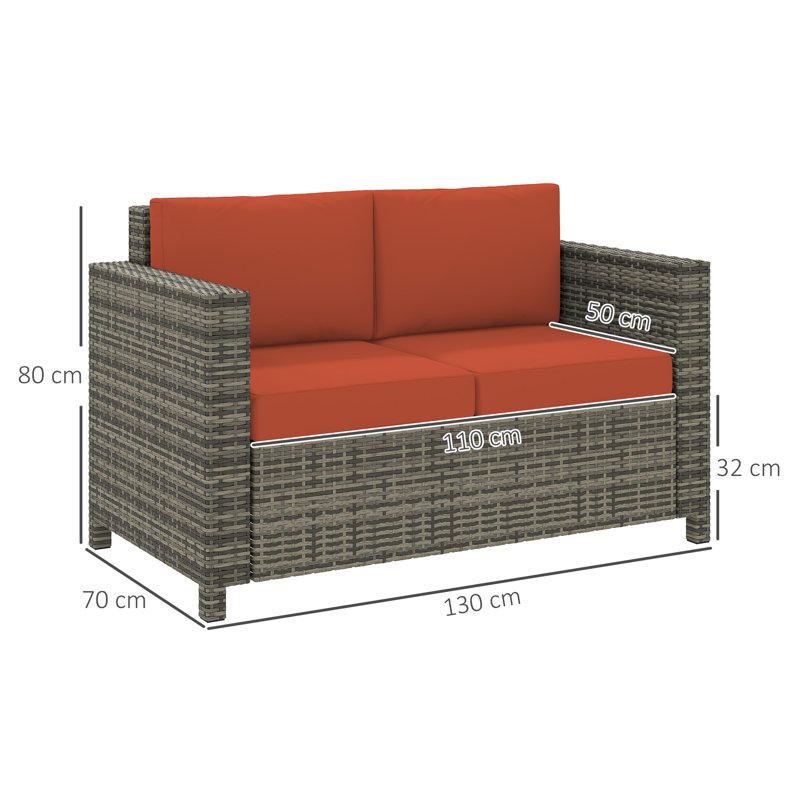 130cm Wide Rectangle Wicker Loveseat with Cushions, Orange