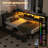 Twin XL Corner Bed Frame with Upholstered Headboard and LED Lights,Daybed with 2 Storage Drawers,Charging Station and Storage Bookcase-66733079-66733066