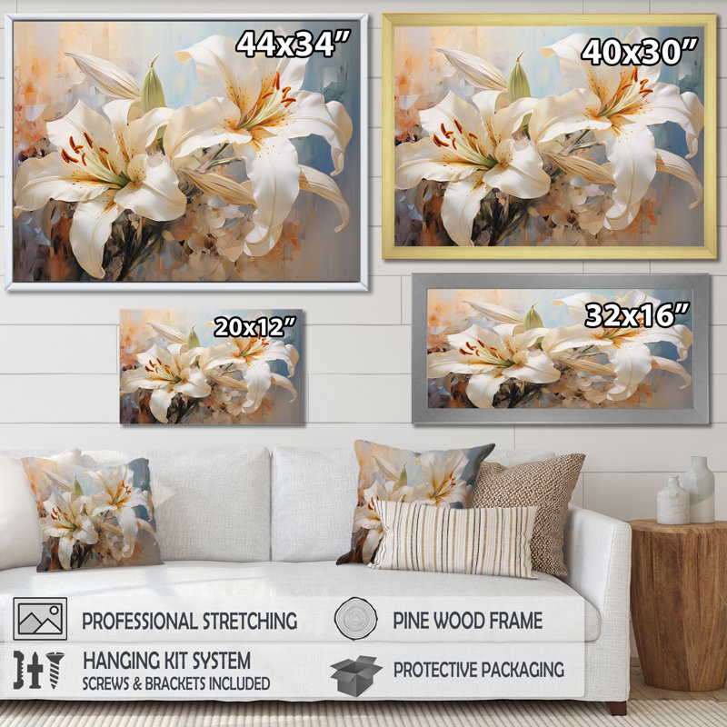 Fleurs de lys en fleurs I - impression, H 16 po x l 32 po x P 1 po, Cadre flottant noir