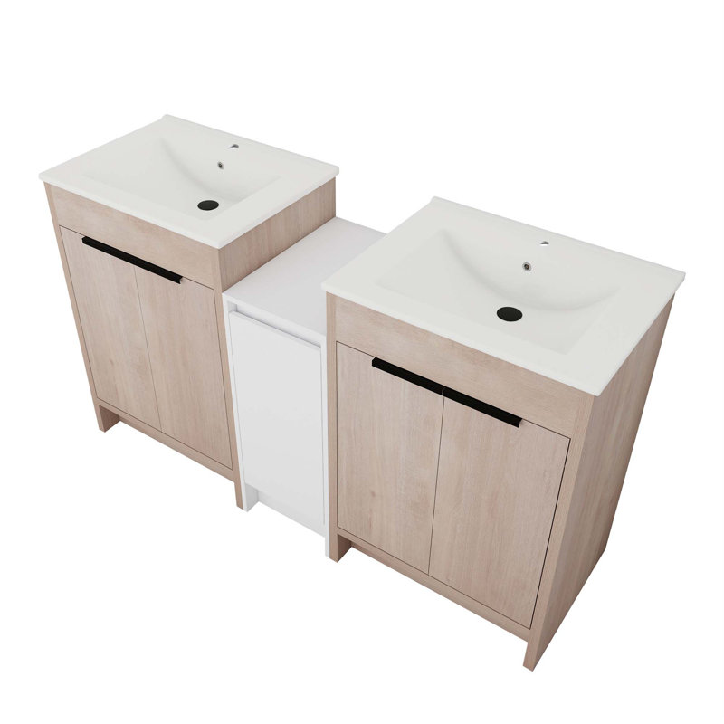 Freestanding Bathroom Vanity With Ceramic Sink And Storage Cabinets, Soft Closing Door, Plain Light Oak