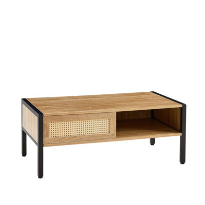 Modern Natural Rattan Coffee Table With Sliding Door Storage And Metal Legs, 40.16" | Gift Idea