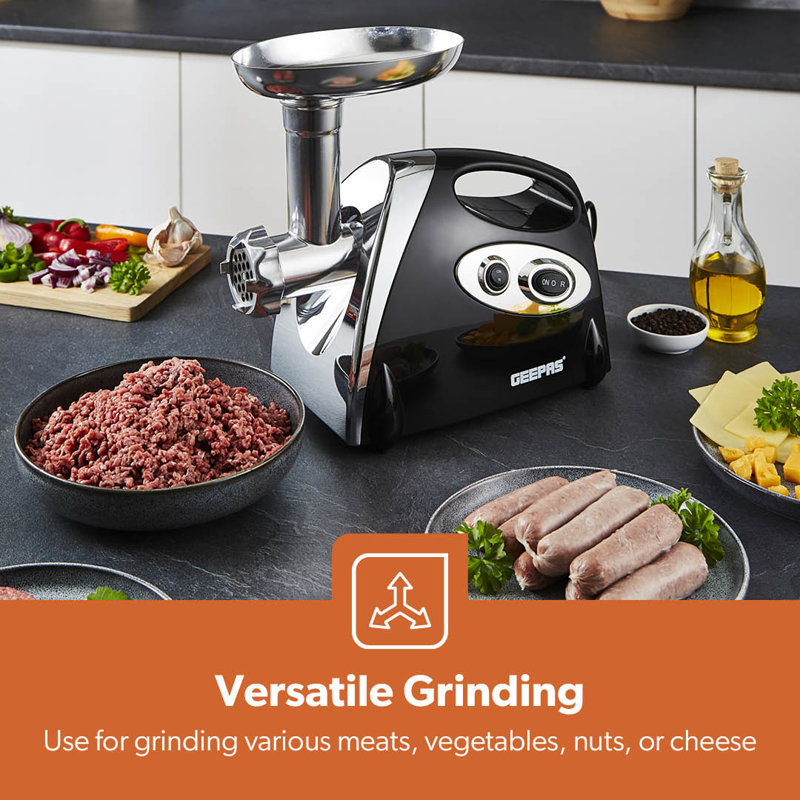 Geepas Electric Meat Grinder 1800W – Stainless Steel Meat Mincer & Sausage Stuffer, Food Grinding Mincing Machine with Kibbe Attachment – 3 Different Cutting Plates, Reverse Function, Plastic Housing