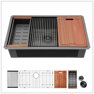 Évier de cuisine encastrable 33 po - 33 po x 19 po à cuve simple noire en acier inoxydable calibre 16 avec éviers de cuisine