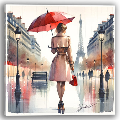 Rendez-vous parisien chic avec parasol rouge et tour Eiffel