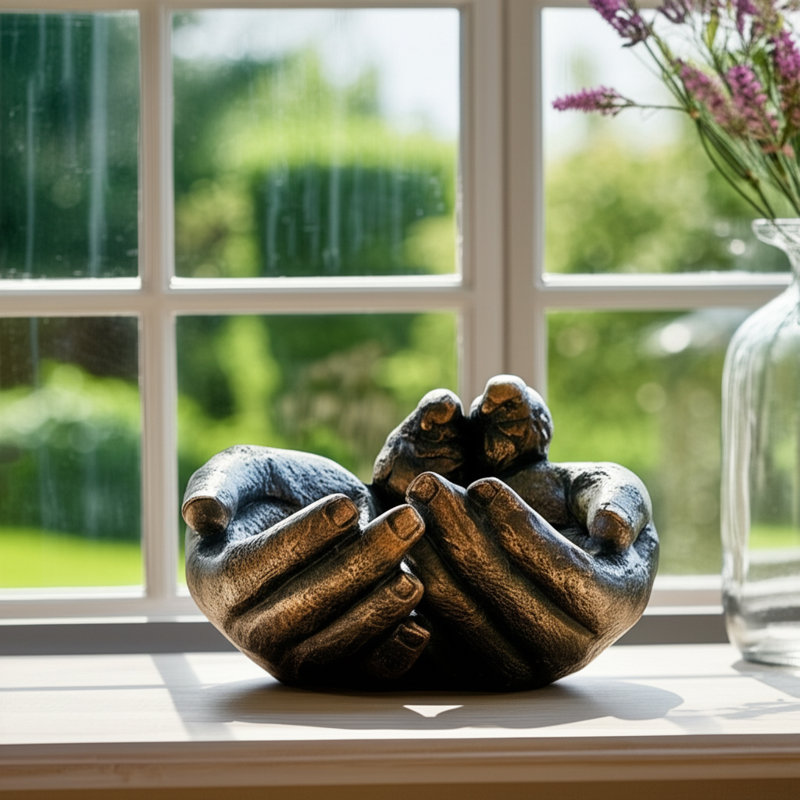 Bronze Giving Hands Birdfeeder Enchanting 9" Polyresin Garden Décor