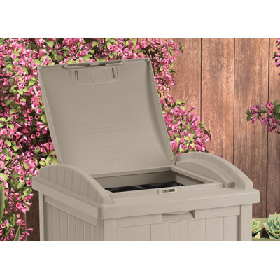 The 33 Gallon Durable Plastic Hideaway Outdoor Garbage Can with Secure Lid and Wicker Design