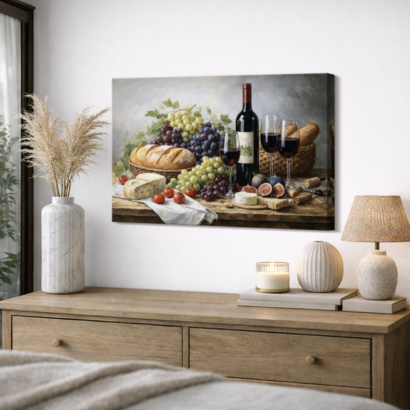 Vin et fromage, art de salle à manger élégant, impression sur toile encadrée, H 16 po x l 24 po x P 1,5 po, Toile tendue