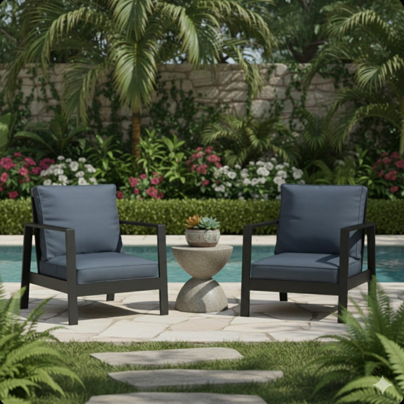 Set Of 2   28" All-Weather Aluminum Patio Armchairs With Thick Light Gray Cushions & Black Frame, Gray