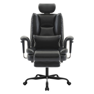Chaise multifonctionnelle avec repose-pieds réglable et extensible, bureau ergonomique en similicuir, piètement métallique relevable.
