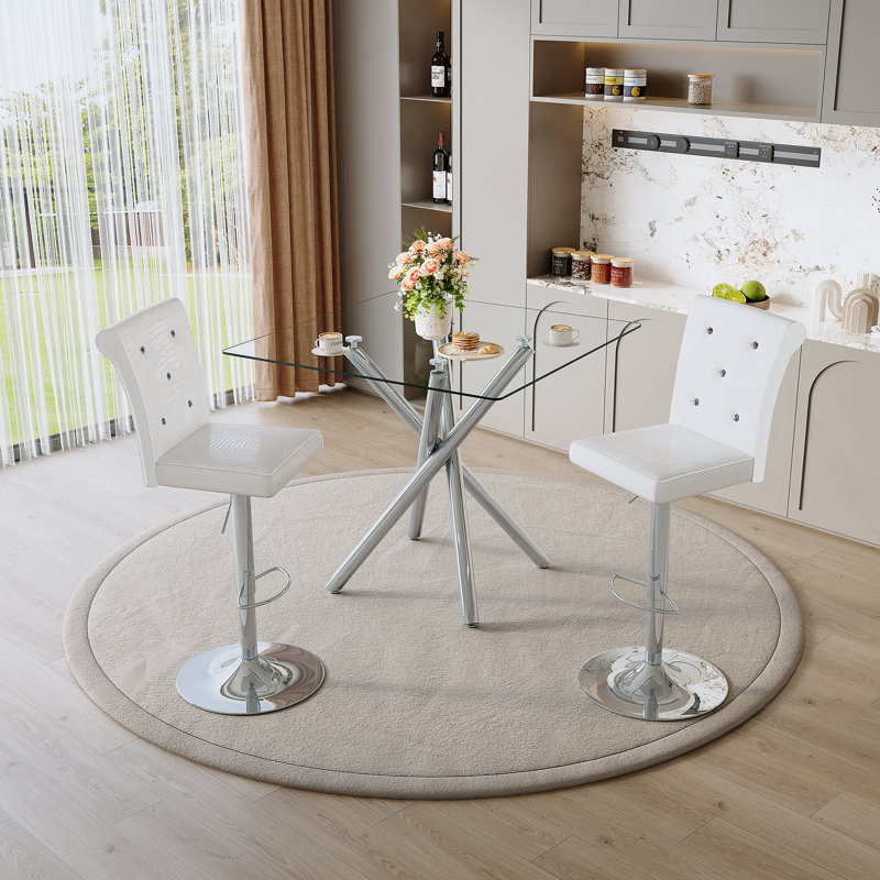 Table de bar moderne en verre et tabourets de bar réglables pour îlot de cuisine, bar personnel, petit espace, Argent, Argent