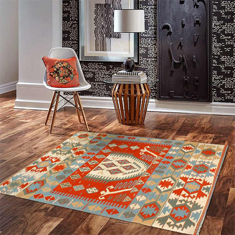 Tapis orange / bleu / beige en laine / coton Rambiri