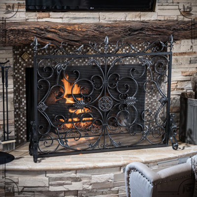 Wrought Iron Fireplace Partition, Ornate Black, 10" X 44" 35.5", Ensures Screen With Detail, Black Powder Coat, 43.49" D 9.51" W 34.36" H, Adds Elegance To