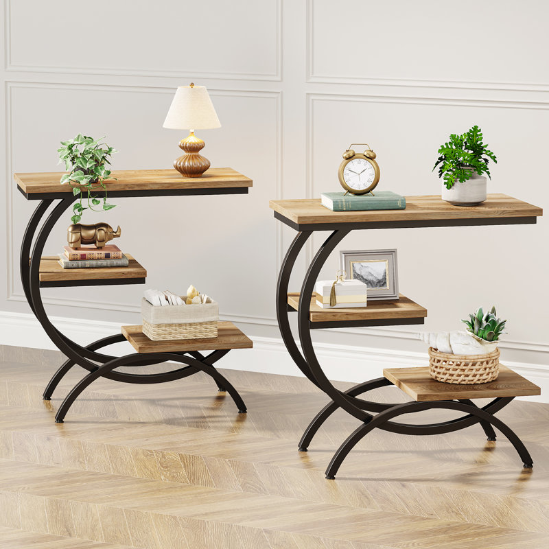 3-Tier C-Shaped End Table Set, 2PCS, Light Brown/Black