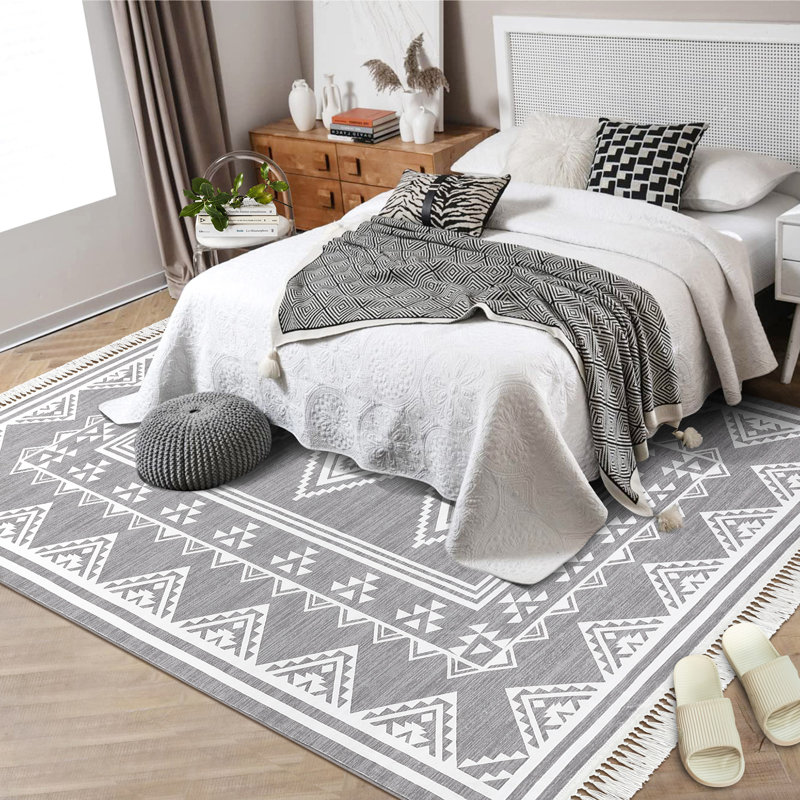 Tassel Area Rugs Washable Bordered Accent Carpet with Non-Slip Backing, Stain-Resistant Farmhouse Floor Cover, Soft Low Pile Indoor Mat for Bedroom, Living Room
