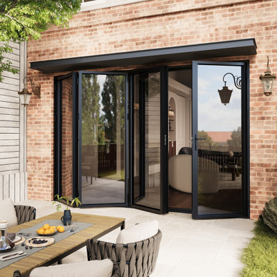 Porte de patio pliante en aluminium noir 120 po x 80 po (3 + 1) avec 𝗥𝗲𝘁𝗿𝗮𝗰𝘁𝗮𝗯𝗹𝗲 𝗦𝗰𝗿𝗲𝗲𝗻