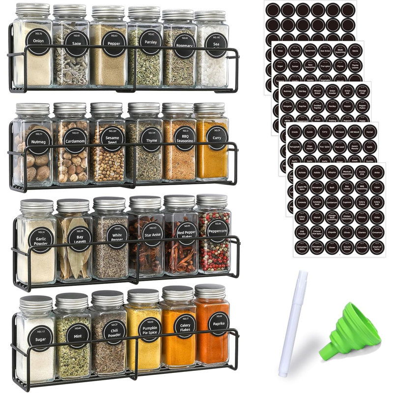 Magnetic Spice Rack, 4 Pack, 24 Square Glass Jars with Lids, Quick-Find Pre-Printed Labels