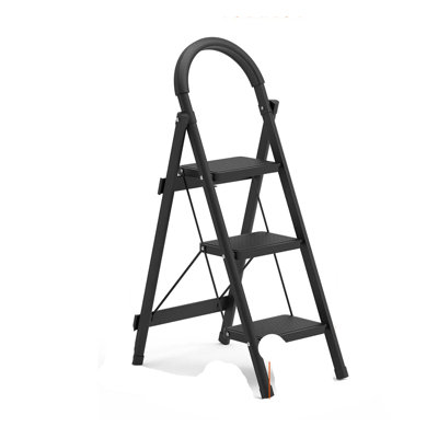 Black 3-step Folding Ladder, 330lbs Load 6.94lbs Lightweight Step Stool Category, Non-slip Pedals/feet Safety Lock, Unfold For Home Kitchen Living Room