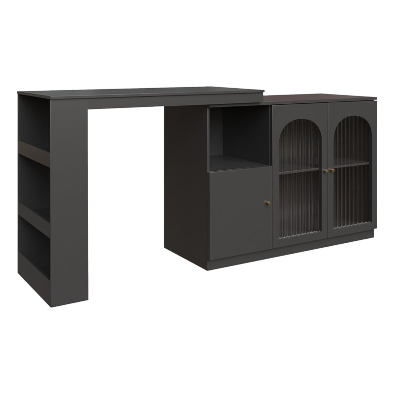 360° Rotating Bar Table Multifunctional Storage Cabinet With Glass Door, Black