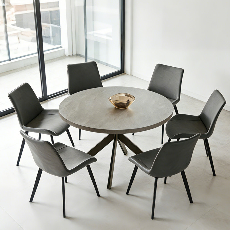 45.67''L Round Dining Table Set, Mid Century Modern Round Kitchen Table, Gray, Gray, 7 Pieces: Table, 6 Chairs
