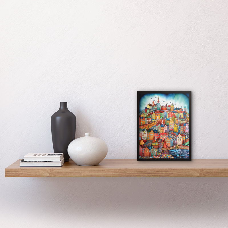 Abstract Fishing Village Folk Art Artwork Framed Wall Art Print 9X7 Inch
