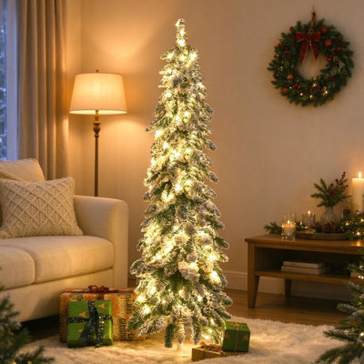 4 ft snow frosted slim artificial christmas tree, downswept branches pre-lit xmas tree with warm white & colour changing led lights for indoor holiday decor
