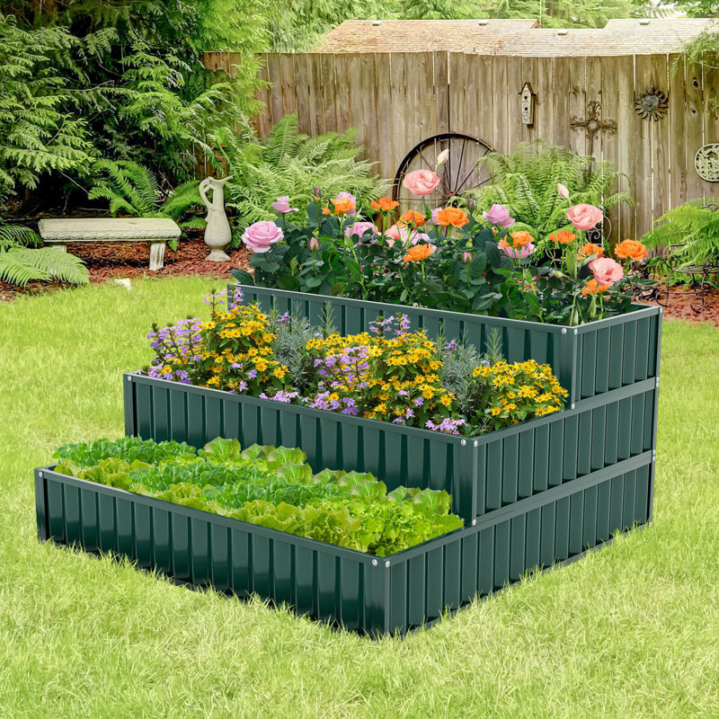 1 Pcs 3-tier Raised Garden Bed,47" X 47" X 24" Metal Outdoor Elevated Planter Box, 2, Green