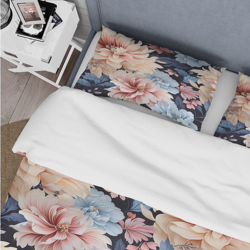 Ensemble de housse de couette rose et bleu Timeless Peony Delights, Housse de couette simple + 1 taie décorative stan
