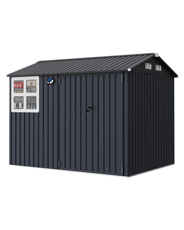 Remise de rangement en métal 6 po x 8 pi avec toit incliné, portes verrouillables, évents, fenêtres et lumière solaire, remise à outils extérieure pour le jardin, la cour arrière, le patio